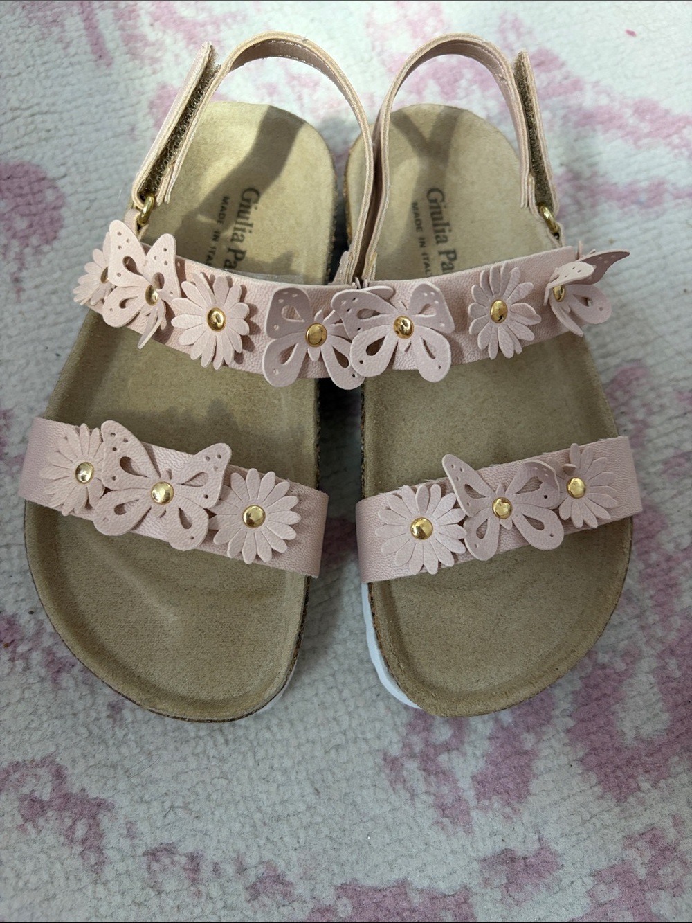 Girls Pink Butterfly & Flower Strap Sandals with Gold Accents